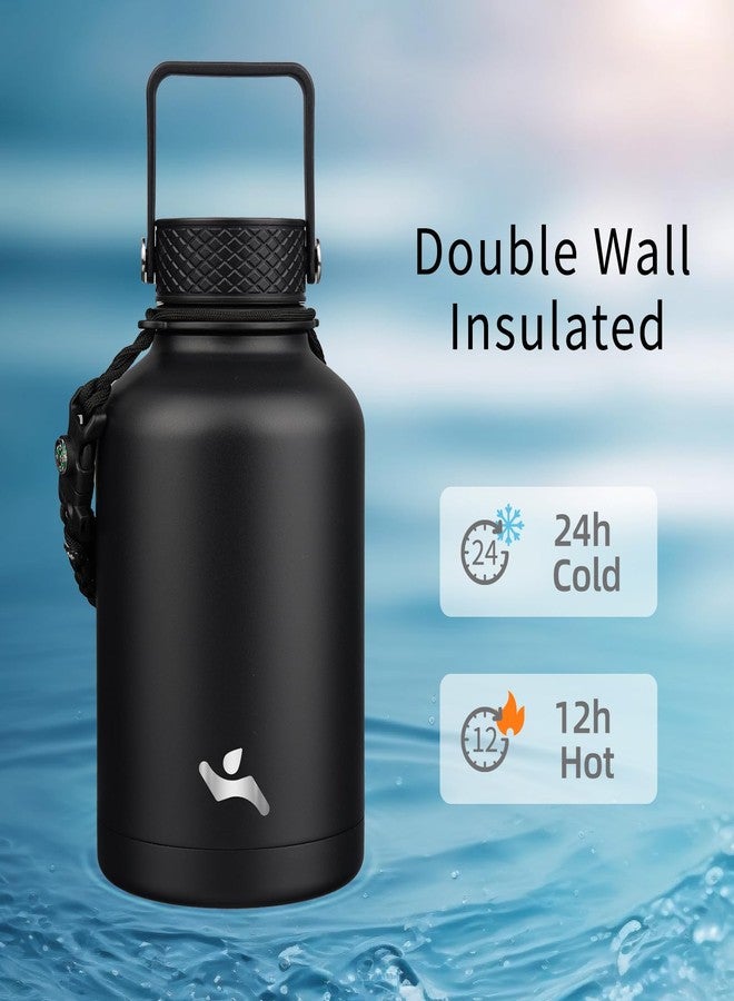 Konokyo Insulated Water Bottle with Straw,50 oz 3 Lids Water Jug with Carrying Bag,Paracord Handle,Double Wall Vacuum Stainless Steel Metal Flask,Black - Image 2